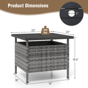 Rattan wrapped metal frame is sturdy and durable for outdoor use<br>High-end faux wood table top and premium PE rattan look stylish<br>2" Tabletop hole and bottom hole to fix the umbrella in position<br>Bottom reinforced support bars provides better stabi
