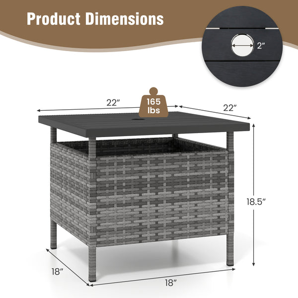 Rattan wrapped metal frame is sturdy and durable for outdoor use<br>High-end faux wood table top and premium PE rattan look stylish<br>2" Tabletop hole and bottom hole to fix the umbrella in position<br>Bottom reinforced support bars provides better stabi