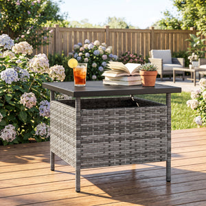 Rattan wrapped metal frame is sturdy and durable for outdoor use<br>High-end faux wood table top and premium PE rattan look stylish<br>2" Tabletop hole and bottom hole to fix the umbrella in position<br>Bottom reinforced support bars provides better stabi