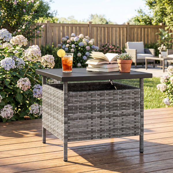 Rattan wrapped metal frame is sturdy and durable for outdoor use<br>High-end faux wood table top and premium PE rattan look stylish<br>2" Tabletop hole and bottom hole to fix the umbrella in position<br>Bottom reinforced support bars provides better stabi