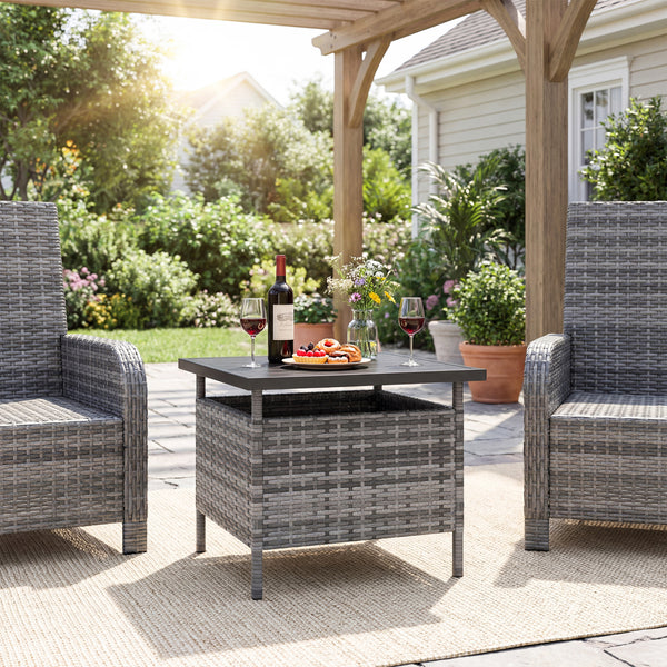 Rattan wrapped metal frame is sturdy and durable for outdoor use<br>High-end faux wood table top and premium PE rattan look stylish<br>2" Tabletop hole and bottom hole to fix the umbrella in position<br>Bottom reinforced support bars provides better stabi