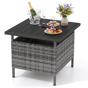 Rattan wrapped metal frame is sturdy and durable for outdoor use<br>High-end faux wood table top and premium PE rattan look stylish<br>2" Tabletop hole and bottom hole to fix the umbrella in position<br>Bottom reinforced support bars provides better stabi