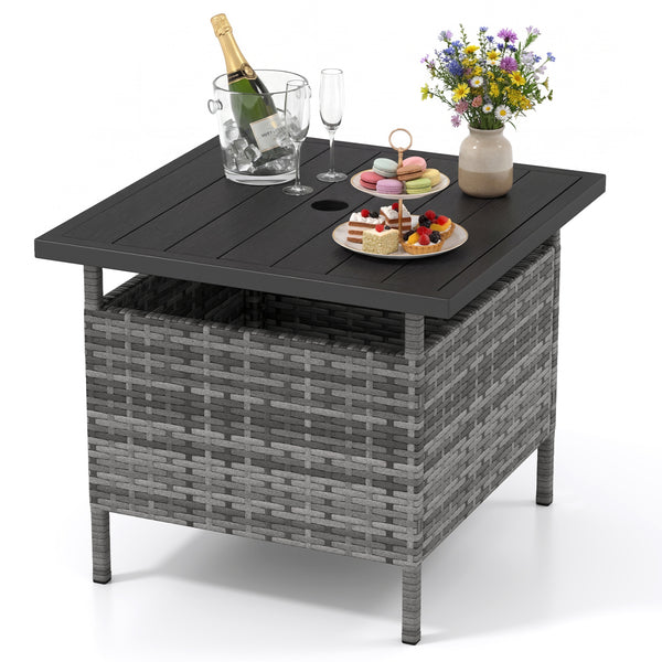Rattan wrapped metal frame is sturdy and durable for outdoor use<br>High-end faux wood table top and premium PE rattan look stylish<br>2" Tabletop hole and bottom hole to fix the umbrella in position<br>Bottom reinforced support bars provides better stabi