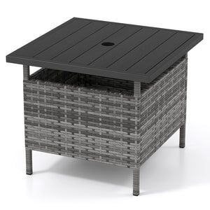 Rattan wrapped metal frame is sturdy and durable for outdoor use<br>High-end faux wood table top and premium PE rattan look stylish<br>2" Tabletop hole and bottom hole to fix the umbrella in position<br>Bottom reinforced support bars provides better stabi