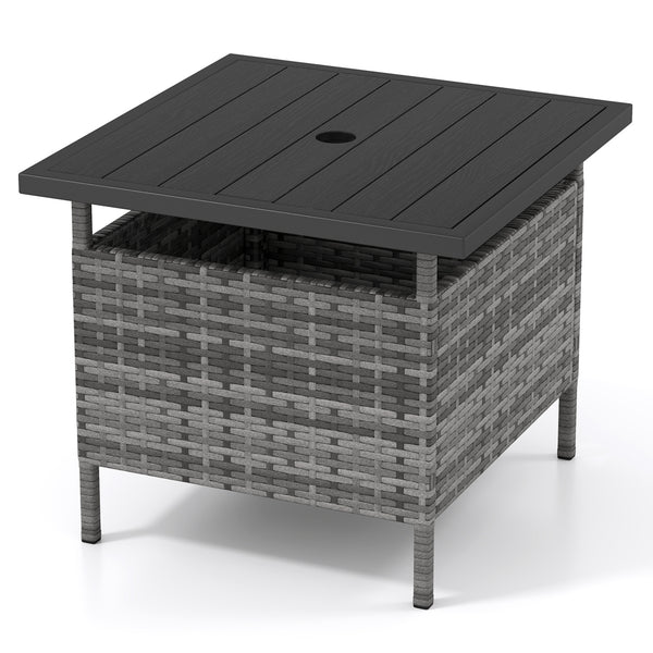 Rattan wrapped metal frame is sturdy and durable for outdoor use<br>High-end faux wood table top and premium PE rattan look stylish<br>2" Tabletop hole and bottom hole to fix the umbrella in position<br>Bottom reinforced support bars provides better stabi