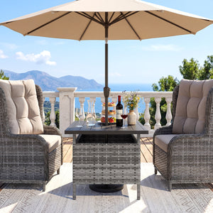Rattan wrapped metal frame is sturdy and durable for outdoor use<br>High-end faux wood table top and premium PE rattan look stylish<br>2" Tabletop hole and bottom hole to fix the umbrella in position<br>Bottom reinforced support bars provides better stabi