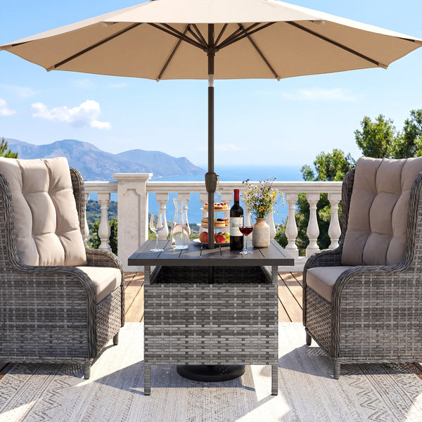 Rattan wrapped metal frame is sturdy and durable for outdoor use<br>High-end faux wood table top and premium PE rattan look stylish<br>2" Tabletop hole and bottom hole to fix the umbrella in position<br>Bottom reinforced support bars provides better stabi