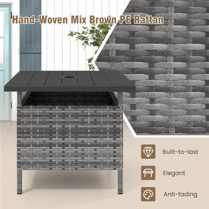 Rattan wrapped metal frame is sturdy and durable for outdoor use<br>High-end faux wood table top and premium PE rattan look stylish<br>2" Tabletop hole and bottom hole to fix the umbrella in position<br>Bottom reinforced support bars provides better stabi