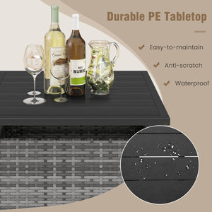 Rattan wrapped metal frame is sturdy and durable for outdoor use<br>High-end faux wood table top and premium PE rattan look stylish<br>2" Tabletop hole and bottom hole to fix the umbrella in position<br>Bottom reinforced support bars provides better stabi