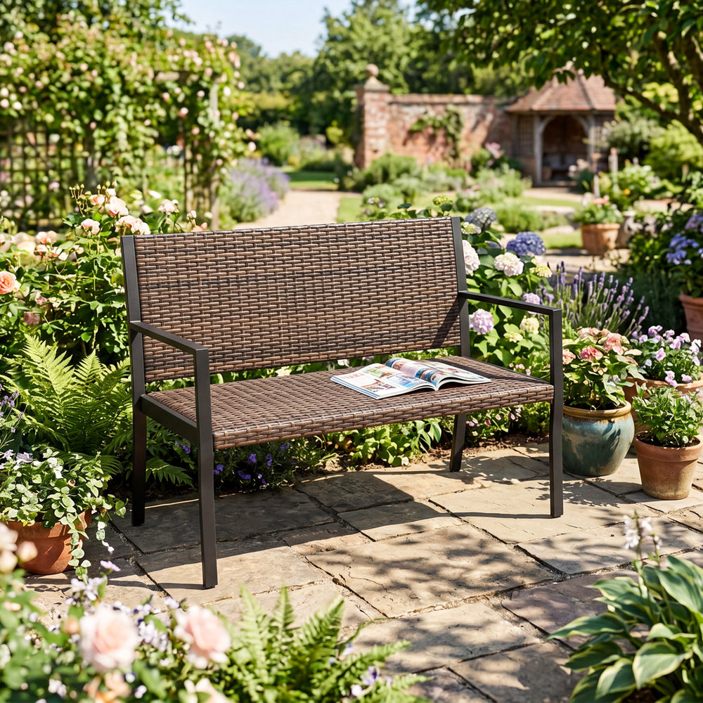 Sun-proof mixed brown rattan for lasting outdoor beauty <br>Instant cozy relaxation with soft sponge seat filling <br>Robust metal frame supports massive 800 lbs capacity <br>Under-seat reinforced crossbars for extra structural stability <br>Steady ground