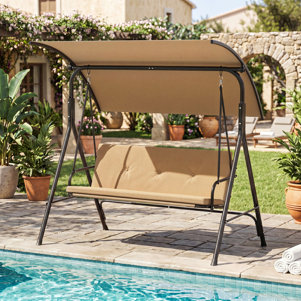 With a sun-protective and drizzle-proof canopy for pure outdoor enjoyment<br>Adjustable canopy adds flexibility for comfort  protection  and privacy<br>Comfortable seat with removable cushion caters to different seasons<br>Heavy-duty A-shaped metal frame 