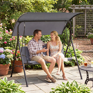 With a sun-protective and drizzle-proof canopy for pure outdoor enjoyment<br>Adjustable canopy adds flexibility for comfort  protection  and privacy<br>Comfortable seat with removable cushion caters to different seasons<br>Heavy-duty A-shaped metal frame 