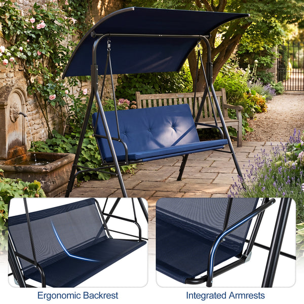 With a sun-protective and drizzle-proof canopy for pure outdoor enjoyment<br>Adjustable canopy adds flexibility for comfort  protection  and privacy<br>Comfortable seat with removable cushion caters to different seasons<br>Heavy-duty A-shaped metal frame 