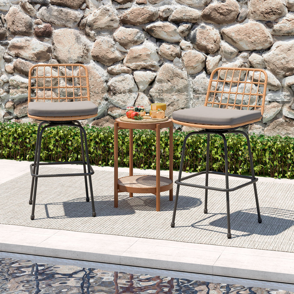 Smooth and stable swiveling relieves your stress<br>Rattan seat and back for more elegance<br>Comfortable to sit with soft cushions<br>Footrests perfectly relax your feet<br>Supported by heavy-duty metal frame<br>Each barstool loads up to 400 lbs<br>Adjus