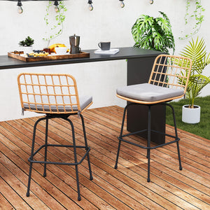 Smooth and stable swiveling relieves your stress<br>Rattan seat and back for more elegance<br>Comfortable to sit with soft cushions<br>Footrests perfectly relax your feet<br>Supported by heavy-duty metal frame<br>Each barstool loads up to 400 lbs<br>Adjus
