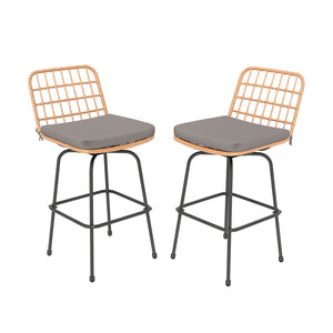 Smooth and stable swiveling relieves your stress<br>Rattan seat and back for more elegance<br>Comfortable to sit with soft cushions<br>Footrests perfectly relax your feet<br>Supported by heavy-duty metal frame<br>Each barstool loads up to 400 lbs<br>Adjus