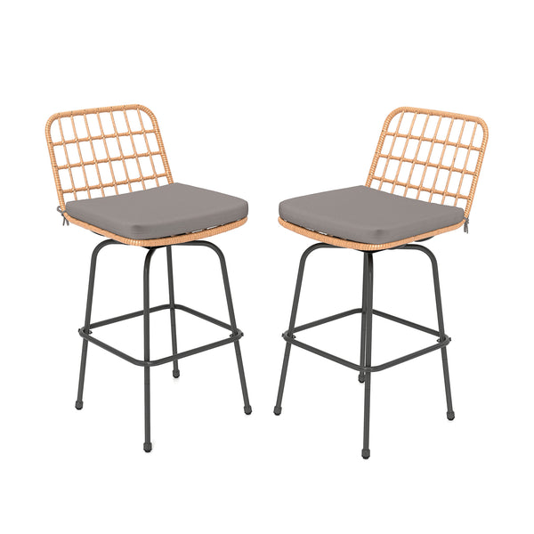 Smooth and stable swiveling relieves your stress<br>Rattan seat and back for more elegance<br>Comfortable to sit with soft cushions<br>Footrests perfectly relax your feet<br>Supported by heavy-duty metal frame<br>Each barstool loads up to 400 lbs<br>Adjus