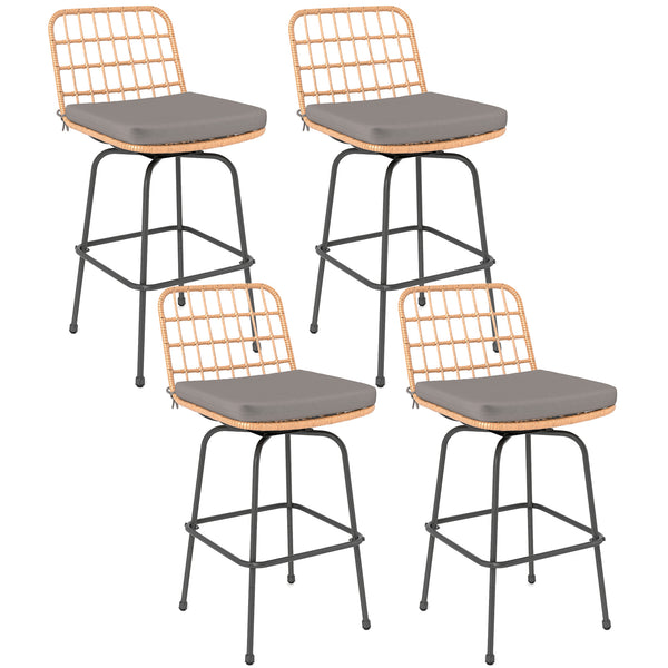 Smooth and stable swiveling relieves your stress<br>Rattan seat and back for more elegance<br>Comfortable to sit with soft cushions<br>Footrests perfectly relax your feet<br>Supported by heavy-duty metal frame<br>Each barstool loads up to 400 lbs<br>Adjus