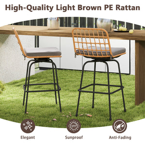 Smooth and stable swiveling relieves your stress<br>Rattan seat and back for more elegance<br>Comfortable to sit with soft cushions<br>Footrests perfectly relax your feet<br>Supported by heavy-duty metal frame<br>Each barstool loads up to 400 lbs<br>Adjus