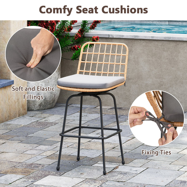 Smooth and stable swiveling relieves your stress<br>Rattan seat and back for more elegance<br>Comfortable to sit with soft cushions<br>Footrests perfectly relax your feet<br>Supported by heavy-duty metal frame<br>Each barstool loads up to 400 lbs<br>Adjus