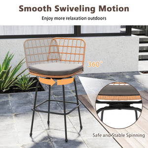 Smooth and stable swiveling relieves your stress<br>Rattan seat and back for more elegance<br>Comfortable to sit with soft cushions<br>Footrests perfectly relax your feet<br>Supported by heavy-duty metal frame<br>Each barstool loads up to 400 lbs<br>Adjus