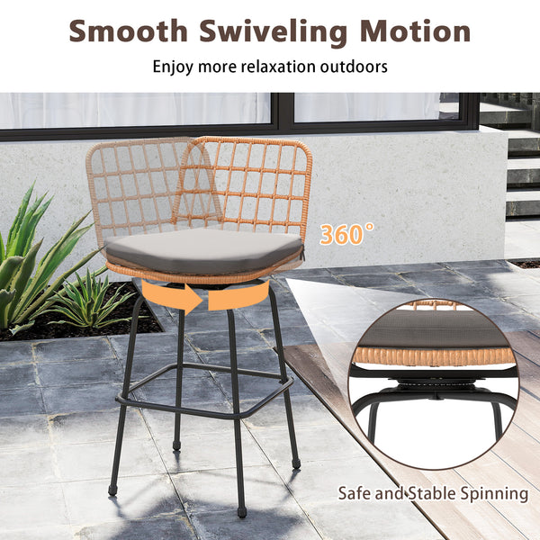Smooth and stable swiveling relieves your stress<br>Rattan seat and back for more elegance<br>Comfortable to sit with soft cushions<br>Footrests perfectly relax your feet<br>Supported by heavy-duty metal frame<br>Each barstool loads up to 400 lbs<br>Adjus