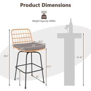 Smooth and stable swiveling relieves your stress<br>Rattan seat and back for more elegance<br>Comfortable to sit with soft cushions<br>Footrests perfectly relax your feet<br>Supported by heavy-duty metal frame<br>Each barstool loads up to 400 lbs<br>Adjus