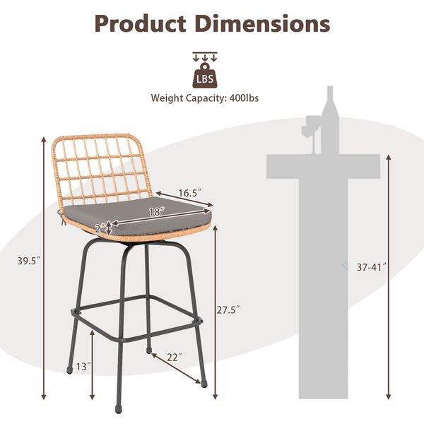 Smooth and stable swiveling relieves your stress<br>Rattan seat and back for more elegance<br>Comfortable to sit with soft cushions<br>Footrests perfectly relax your feet<br>Supported by heavy-duty metal frame<br>Each barstool loads up to 400 lbs<br>Adjus