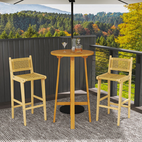 Outdoor teak wood bar stool has sturdy and stable construction<br>Natural material shows perfect performance in high strength and durability<br>Smooth painted surface is splinter-free and built to last<br>Premium PE rattan is hand-woven  sun-protective an