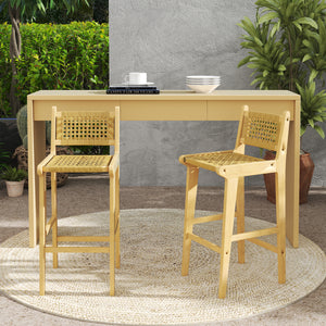 Outdoor teak wood bar stool has sturdy and stable construction<br>Natural material shows perfect performance in high strength and durability<br>Smooth painted surface is splinter-free and built to last<br>Premium PE rattan is hand-woven  sun-protective an