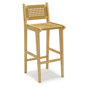 Outdoor teak wood bar stool has sturdy and stable construction<br>Natural material shows perfect performance in high strength and durability<br>Smooth painted surface is splinter-free and built to last<br>Premium PE rattan is hand-woven  sun-protective an