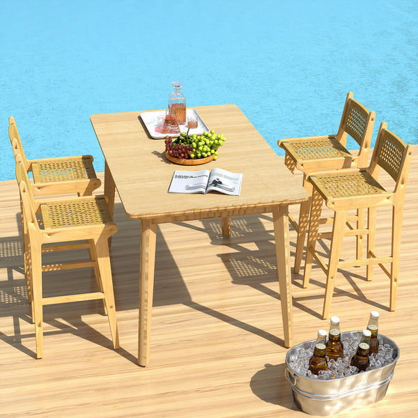 Outdoor teak wood bar stool has sturdy and stable construction<br>Natural material shows perfect performance in high strength and durability<br>Smooth painted surface is splinter-free and built to last<br>Premium PE rattan is hand-woven  sun-protective an