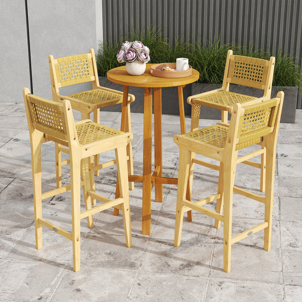 Outdoor teak wood bar stool has sturdy and stable construction<br>Natural material shows perfect performance in high strength and durability<br>Smooth painted surface is splinter-free and built to last<br>Premium PE rattan is hand-woven  sun-protective an