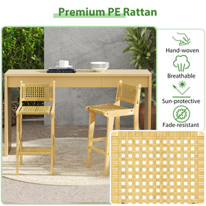 Outdoor teak wood bar stool has sturdy and stable construction<br>Natural material shows perfect performance in high strength and durability<br>Smooth painted surface is splinter-free and built to last<br>Premium PE rattan is hand-woven  sun-protective an