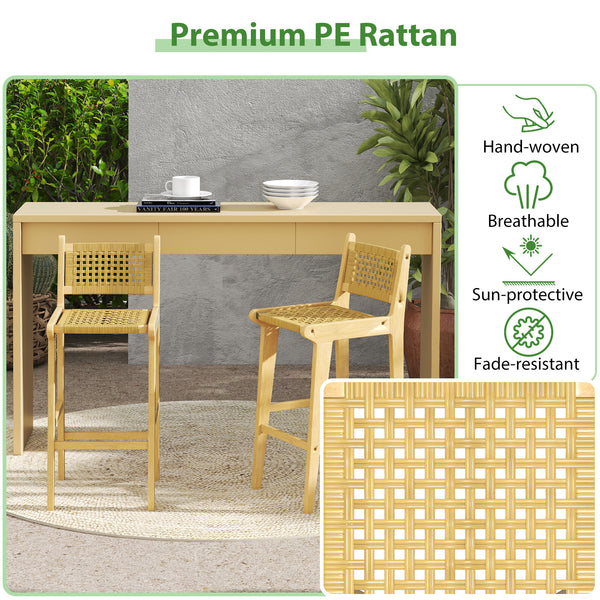 Outdoor teak wood bar stool has sturdy and stable construction<br>Natural material shows perfect performance in high strength and durability<br>Smooth painted surface is splinter-free and built to last<br>Premium PE rattan is hand-woven  sun-protective an
