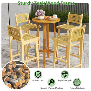 Outdoor teak wood bar stool has sturdy and stable construction<br>Natural material shows perfect performance in high strength and durability<br>Smooth painted surface is splinter-free and built to last<br>Premium PE rattan is hand-woven  sun-protective an