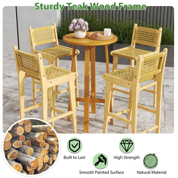 Outdoor teak wood bar stool has sturdy and stable construction<br>Natural material shows perfect performance in high strength and durability<br>Smooth painted surface is splinter-free and built to last<br>Premium PE rattan is hand-woven  sun-protective an