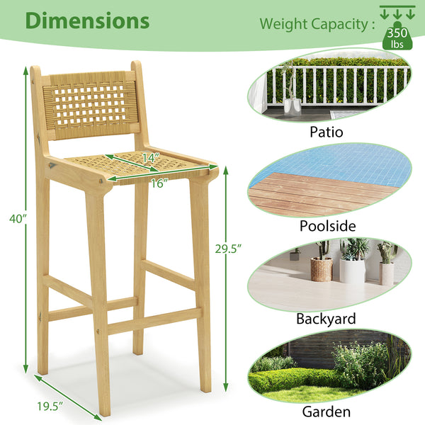 Outdoor teak wood bar stool has sturdy and stable construction<br>Natural material shows perfect performance in high strength and durability<br>Smooth painted surface is splinter-free and built to last<br>Premium PE rattan is hand-woven  sun-protective an