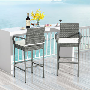30" suitable seat height for most patio bar tables<br>Curved backrest and armrests make you relaxed<br>Equipped with seat cushions for more comfort<br>Fixing straps firmly fix the cushions in place<br>Zipper design for easy maintenance of cushion cover<br