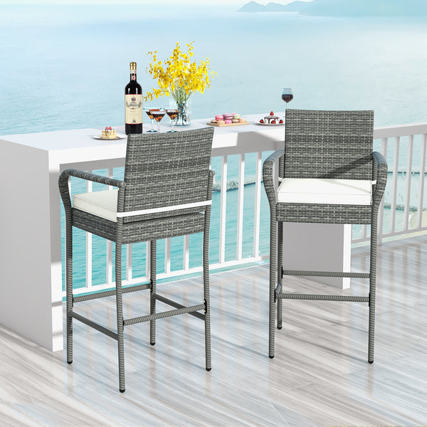30" suitable seat height for most patio bar tables<br>Curved backrest and armrests make you relaxed<br>Equipped with seat cushions for more comfort<br>Fixing straps firmly fix the cushions in place<br>Zipper design for easy maintenance of cushion cover<br