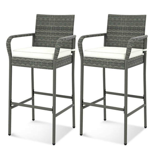 30" suitable seat height for most patio bar tables<br>Curved backrest and armrests make you relaxed<br>Equipped with seat cushions for more comfort<br>Fixing straps firmly fix the cushions in place<br>Zipper design for easy maintenance of cushion cover<br