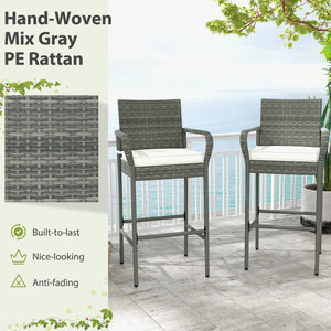 30" suitable seat height for most patio bar tables<br>Curved backrest and armrests make you relaxed<br>Equipped with seat cushions for more comfort<br>Fixing straps firmly fix the cushions in place<br>Zipper design for easy maintenance of cushion cover<br