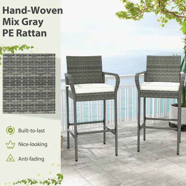 30" suitable seat height for most patio bar tables<br>Curved backrest and armrests make you relaxed<br>Equipped with seat cushions for more comfort<br>Fixing straps firmly fix the cushions in place<br>Zipper design for easy maintenance of cushion cover<br