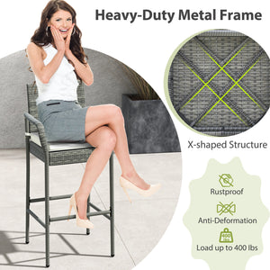 30" suitable seat height for most patio bar tables<br>Curved backrest and armrests make you relaxed<br>Equipped with seat cushions for more comfort<br>Fixing straps firmly fix the cushions in place<br>Zipper design for easy maintenance of cushion cover<br