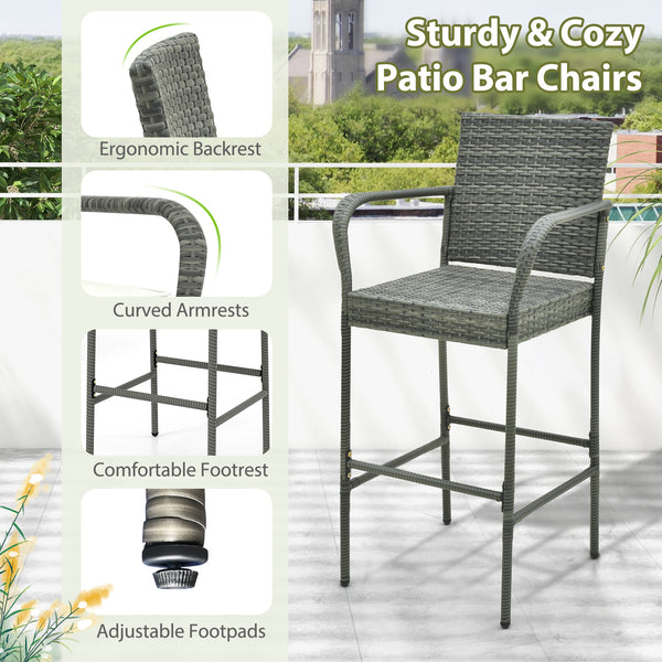 30" suitable seat height for most patio bar tables<br>Curved backrest and armrests make you relaxed<br>Equipped with seat cushions for more comfort<br>Fixing straps firmly fix the cushions in place<br>Zipper design for easy maintenance of cushion cover<br