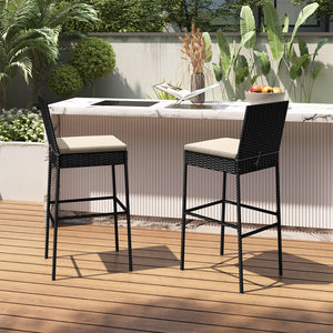 Premium PE rattan for long-lasting elegance<br>Cozy to sit with backrest and elastic seat cushions<br>Fixing ties for firm placement of cushions<br>Zippered cushion covers for simple cleaning<br>Reinforced metal frame offers strong support<br>Each barstoo