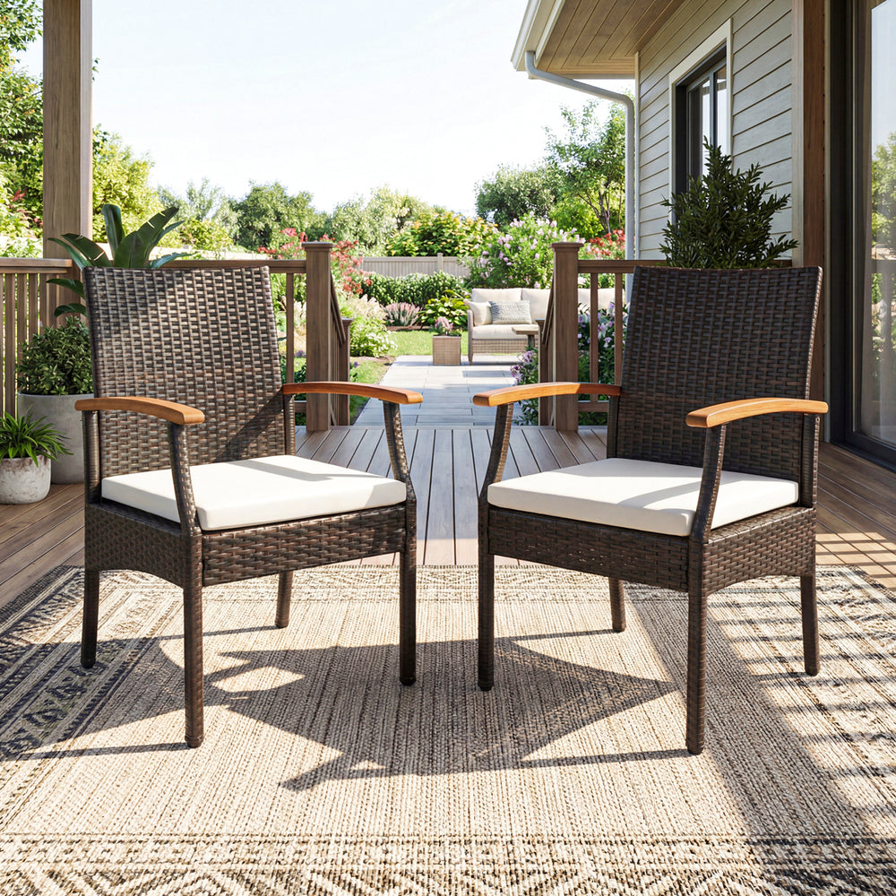 Comfortable to sit with ergonomic backrest and armrests <br>16" seat height is suitable for most patio tables <br>Elastic seat cushion offers more coziness <br>Smooth zippers for easy maintenance of cushion covers <br>Sturdy X-shaped metal frame and adjus