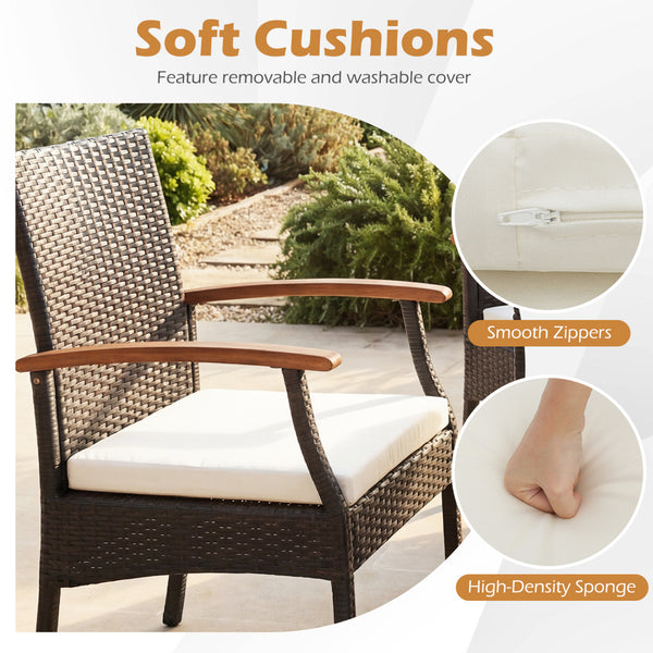 Comfortable to sit with ergonomic backrest and armrests <br>16" seat height is suitable for most patio tables <br>Elastic seat cushion offers more coziness <br>Smooth zippers for easy maintenance of cushion covers <br>Sturdy X-shaped metal frame and adjus