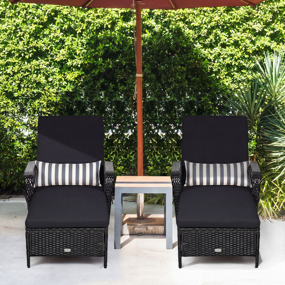 6-Gear adjustable backrest meets various sitting needs<br>Thick padded cushion and lumbar pillow for a comfortable experience<br>Weather-resistant PE wicker rattan chairs for indoor and outdoor use<br>Non-slip and anti-scratch foot pads ensure safe using 