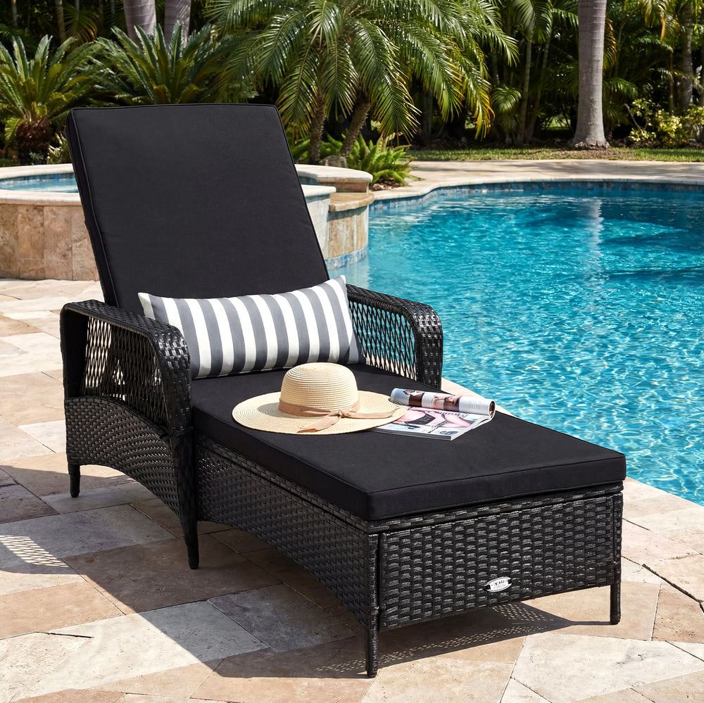 6-Gear adjustable backrest meets various sitting needs<br>Thick padded cushion and lumbar pillow for a comfortable experience<br>Weather-resistant PE wicker rattan chairs for indoor and outdoor use<br>Non-slip and anti-scratch foot pads ensure safe using 